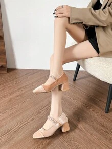 HanDuEke Women's New Mary Jane High Heels, Apricot Velvet Thick Heel Pearl Button Pumps