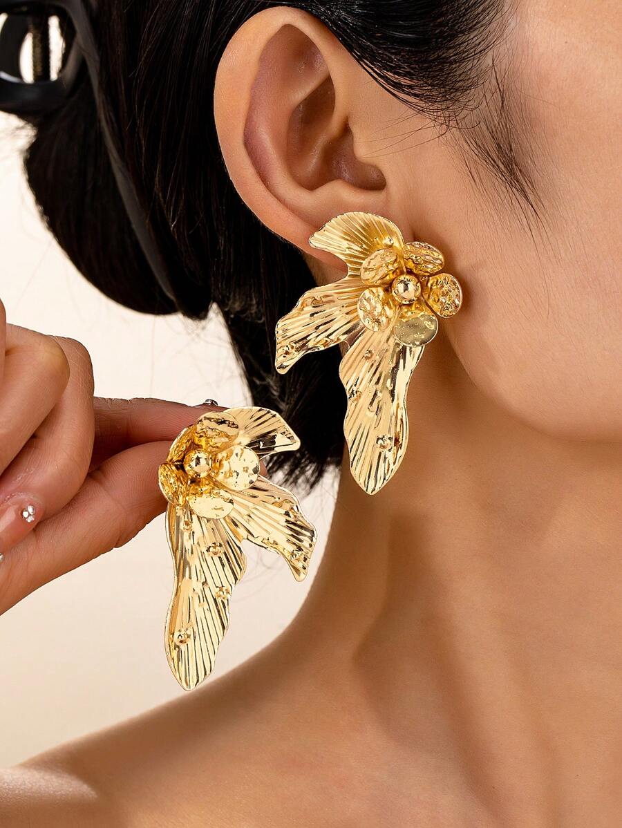 1 对不对称复古宫廷风耳坠耳环，欧美时尚 - 金黃色 - 查看 1