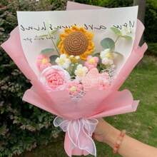 Christmas Handmade Crochet Artificial Heart-Shaped Flower Bouquet, Knitted Everlasting Tulip, Sunflower, Rose Flower Bouquet, Creative Gift For Birthday And Holiday Gifts Graduation