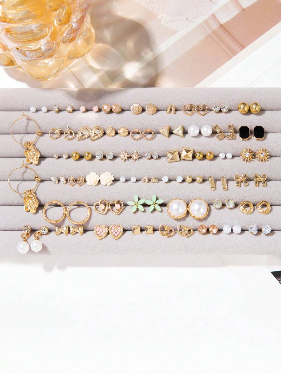 50 件/套心形花朵爱心蝴蝶水钻镶嵌耳环，女士时尚耳环套装，日常佩戴（不含礼品盒） - 彩色 - 查看 1