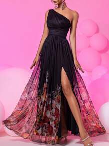 Đầm dạ hội dự tiệc dài tay không tay lưới bất đối xứng in hoa đen lãng mạn thanh lịch, đầm maxi dự tiệc cưới cho nữ trang trọng - màu đen - Xem 7