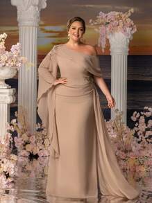 Faeriesty Mosy Plus-Size Evening Gown With Asymmetric Neckline, Statement Bell Sleeve & Cascading Side Silhouette - Elegant Mother-Of-The-Bride Dresses, Gala Dinner Attire, Formal Evening Wear, Red Carpet-Ready Designs, Black-Tie Event Outfits
