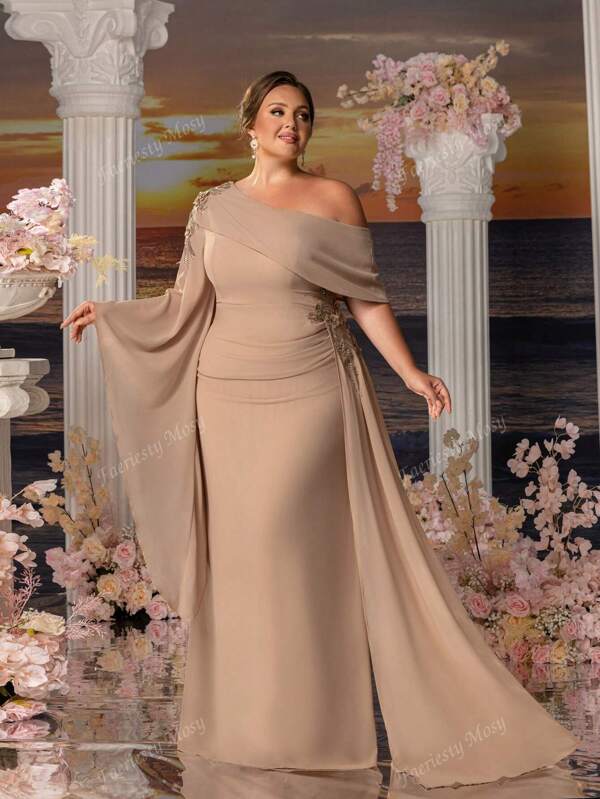 Plus-Size Evening Gown With Asymmetric Neckline, Statement Bell Sleeve & Cascading Side Silhouette - Elegant Mother-Of-The-Bride Dresses, Gala Dinner Attire, Formal Evening Wear, Red Carpet-Ready Designs, Black-Tie Event Outfits