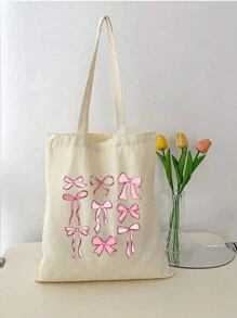 1pc Nine Pink Bow Pattern Women'S Handbags, Reusable Shopping Bags, Foldable Large Capacity Casual Shopping Bags, Simple Bohemian Handbags, Suitable For Work, Travel, Shopping, School Bags, Large Capacity, Portable, Christmas Gift, Cute Bow Bag For Women