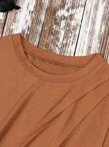女士春夏休闲装时尚百褶设计超大时尚休闲度假透气舒适纯色日常户外短袖百搭日常搭配方便轻便快捷通勤休闲居家T恤女纯色圆领长袖休闲牙签条纹设计T恤，秋季女士圆领长袖休闲上衣，日常穿着 - 棕色 - 查看 3