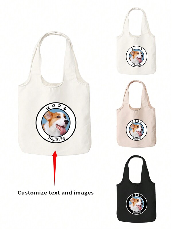 1 Stück Hunde-Muster Leinwand-Stofftasche, Kulturbeuteltasche, bitte senden Sie das Bild zum Entwerfen und Bedrucken, minimalistischer und modischer Stil, individualisiertes Grafikdesign auf beiden Seiten, personalisierte Taschen für Damen