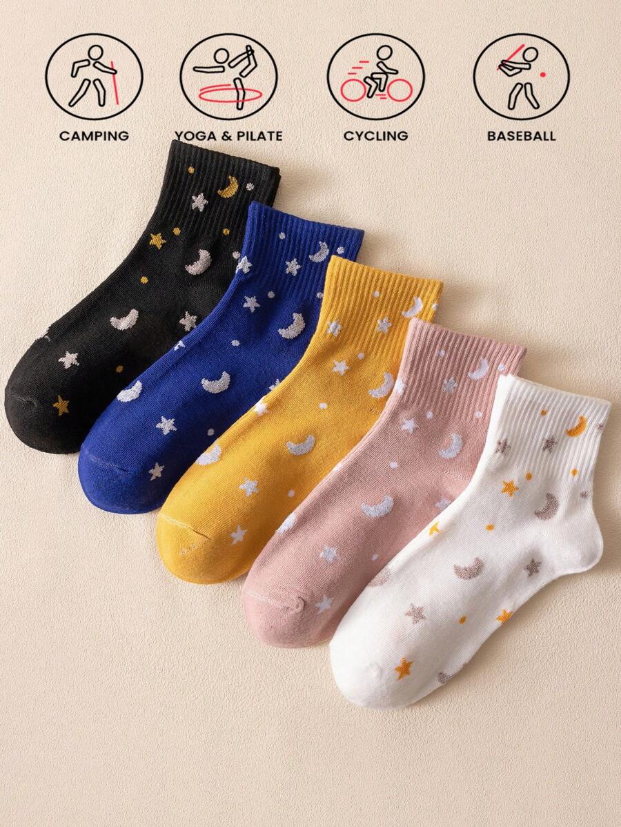 5 双女士卡通猫印花中筒袜和及膝袜，秋冬季休闲运动袜 - 彩色 - 查看 1