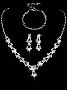 Bộ trang sức gồm 4 chiếc vòng cổ, vòng tay, hoa tai đính đá hoàn toàn cho đám cưới, dạ hội, váy cưới - Bạc - Xem 10