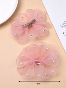 1 对女孩/青少年仿珍珠花形网状串珠蝴蝶结发夹，适合返校季 - 粉色 - 查看 3