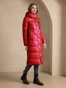 ZIAI Women's Fashionable Red Down Jacket, Long Sleeve With Zipper Pockets, Mid-Length, Stylish Winter Outerwear - Red - View 8