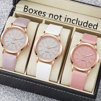 3 件装新款时尚简约套装手表奢华女士真皮石英表玫瑰金休闲腕表女士礼物