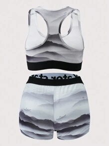 [Ink Style Series]Women's Letter Print Sports Bra And Pantines Set Lingerie