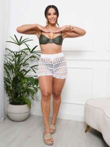 Women's Beach Shorts, High-Waisted, Knitted, With Adjustable Waistband - 白色 - 查看 2