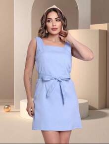 Tailored Sheath Dress With Belt And Back Zipper - Màu xanh lam - Xem 1