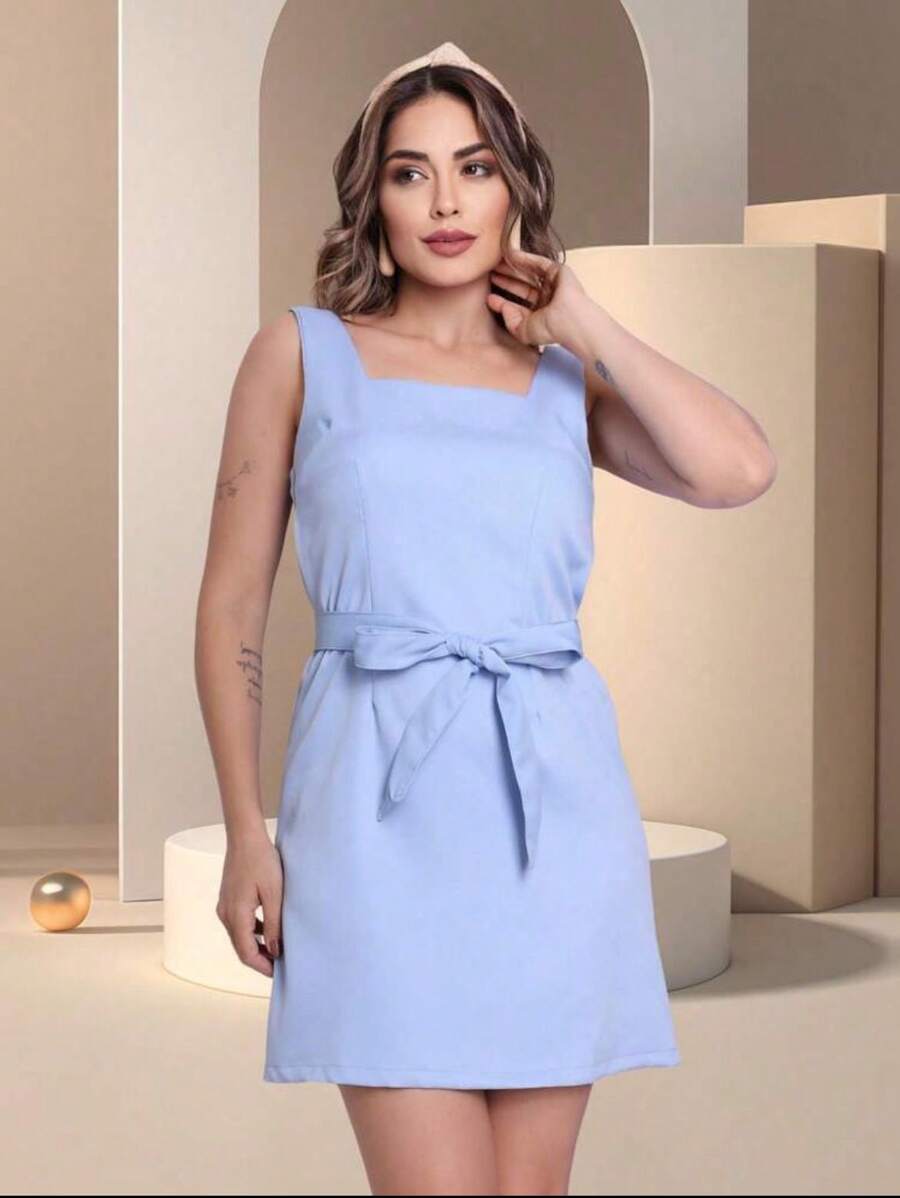 Tailored Sheath Dress With Belt And Back Zipper - Màu xanh lam - Xem 1