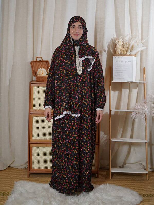 Women Comfortable Breathable Lace Trim Abaya Dress, Fashion Printed Dress, Modest
