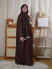 女士舒适透气蕾丝边阿巴雅连衣裙，时尚印花连衣裙，端庄