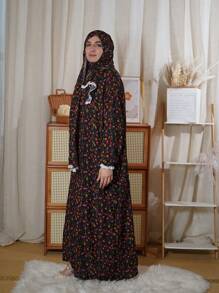 女士舒适透气蕾丝边阿巴雅连衣裙，时尚印花连衣裙，端庄