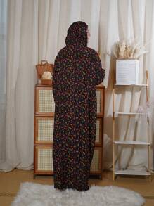 女士舒适透气蕾丝边阿巴雅连衣裙，时尚印花连衣裙，端庄