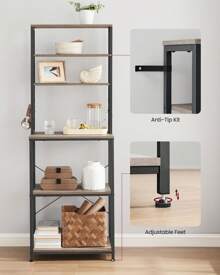 VASAGLE Kitchen Storage Rack, Coffee Bar, Baker's Rack, Total 6 Shelves And 6 Hooks, For Microwave, Steel Frame, Industrial, Greige And Black - Black - View 2