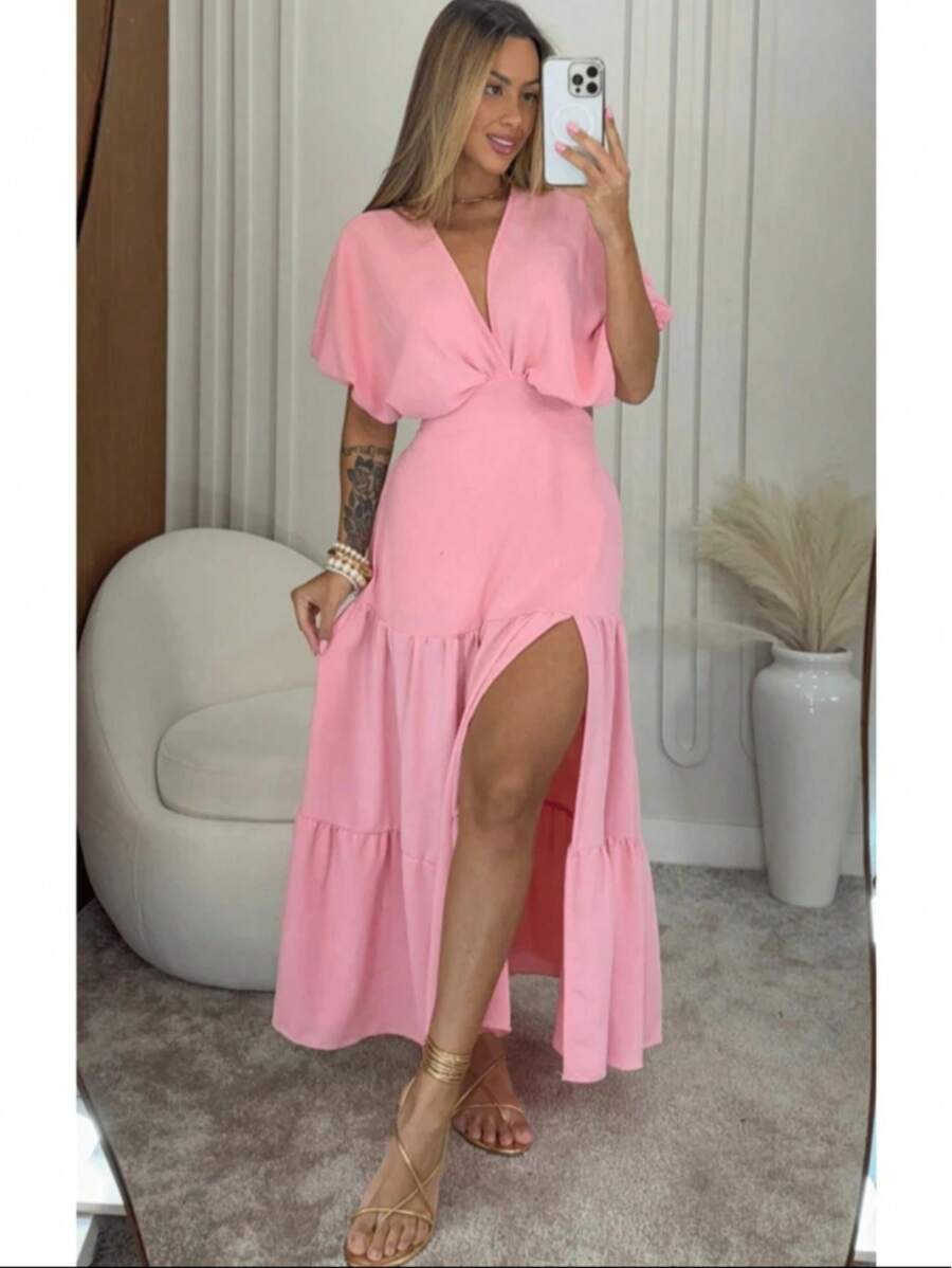 Long Dress, Loose, Flared, Ruffled, Slit, V-Neck, Side Opening, Little Sleeves, Elegant, Women's Fashion, Trend, Summer, End Of Year Party - Màu Hồng baby - Xem 1
