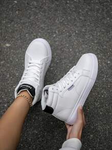 女士新款休闲高帮系带皮革面板运动鞋，时尚户外舒适潮流中性大码情侣运动鞋 - 白黑 - 查看 6