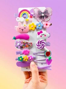 VBOOR 879 件/套可爱紫色卡通发饰套装，包括发圈、发圈、卡通发夹、BB 夹、小爪夹 - 适合女孩和女士，日常发型搭配 - 女士发饰，2025 年新款时尚发饰、学校用品、礼物