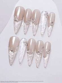 10 件手工美甲，杏仁长尖法式珍珠钻石美甲，梦幻高端假指甲，创意图案，卡通甜美，酷炫，独特可爱高端卡通美甲按压指甲美甲用品指甲