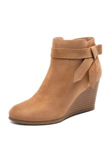Women's Comfy Almond Toe Wood-Pattern Heel Wedge Ankle Boots For Work And Everyday Wear Perfect For Daily Commutes, Dates, Shopping, Or Holiday Celebrations - Taupe - View 4