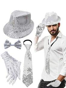 Bộ trang phục hóa trang D EXCEED 1/4/5 món phong cách retro thập niên 70: Dây đeo quần co giãn hình chữ Y, mũ Fedora và nơ cổ, phụ kiện trang phục dự tiệc. - Nhiều màu - Xem 2