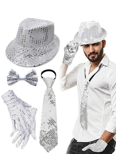 D EXCEED 1/4/5 Stücke Retro 70er Jahre Disco Elastische Y-förmige Hosenträger, Fedora Hut und Fliege Set Kostümzubehör