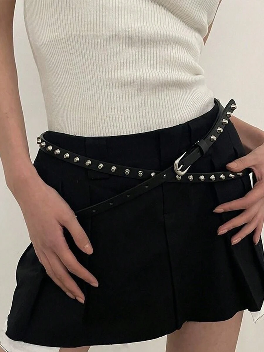 1 Piece Of Women's Double-Layer Versatile Casual Punk Metal Buckle Rivet Extra Long Belt Western Denim Style Thin Belt Suitable For Daily Use - Black - View 1