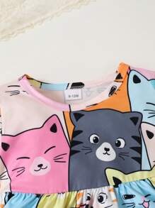 3pcs/Set Baby Girl Daily Kitten Element Digital Print Bell Sleeve Top, Pants And Headband Set (Asymmetrical Print)