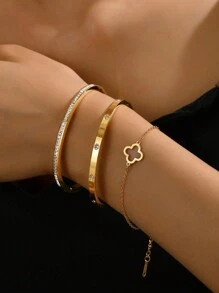1 chiếc vòng tay thời trang bằng thép không gỉ tinh tế mạ vàng 18K hình cỏ bốn lá đính đá sang trọng đa năng, thích hợp làm quà tặng ngày lễ cho phụ nữ - Vàng - Xem 8