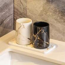 Couple's Mouthwash Cup, High-End Toothbrush Holder, Bathroom Storage Rack, Simple And Creative Couple's Gargle Cup, Ceramic Toothbrush Cup, Marble Pattern Handleless Mouthwash Cup Home Bathroom Decor Summer Back To School