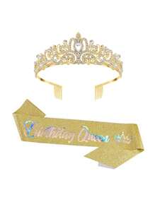 Bộ 2 chiếc thắt lưng "Birthday Queen" và vương miện đính đá - Vải bạc lấp lánh có chữ cái bằng giấy bạc màu đen Thắt lưng nữ sinh nhật + Vương miện đính đá Quà tặng tiệc sinh nhật Quà tặng tiệc sinh nhật - Nhiều màu - Xem 14