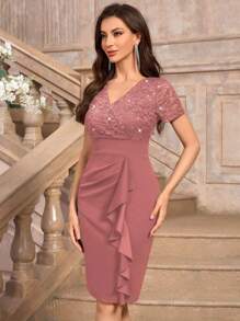 MIUSOL V-Neck Sequin Floral Lace Short Sleeve Ruffle Trim Cocktail Party Bodycon Dress Wedding Guest Dress