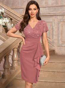MIUSOL V-Neck Sequin Floral Lace Short Sleeve Ruffle Trim Cocktail Party Bodycon Dress Wedding Guest Dress - Dusty Pink - View 5