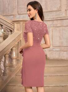 MIUSOL V-Neck Sequin Floral Lace Short Sleeve Ruffle Trim Cocktail Party Bodycon Dress Wedding Guest Dress