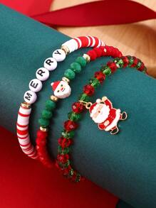Fashionable New Christmas Soft Clay Handmade Bead Letter Santa Claus, Snowflake, Reindeer Stretch Bracelet Set, Suitable For Women Daily, Party, Holiday Wear