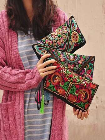 Embroidery Long Wallet, Vintage Large Capacity Wristlet Bag, Women Evening Clutch With Phone & Coin Pocket