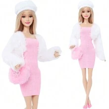 6-delige outfitset met poppenkleding voor poppen van 11,5 inch: schattige pluchen jumpsuit, wit jasje, roze tas, hoge hakken, hoed, modieuze meisjesjurk, geschikt voor poppenaankleedspelletjes, verjaardagscadeau (pop niet inbegrepen)