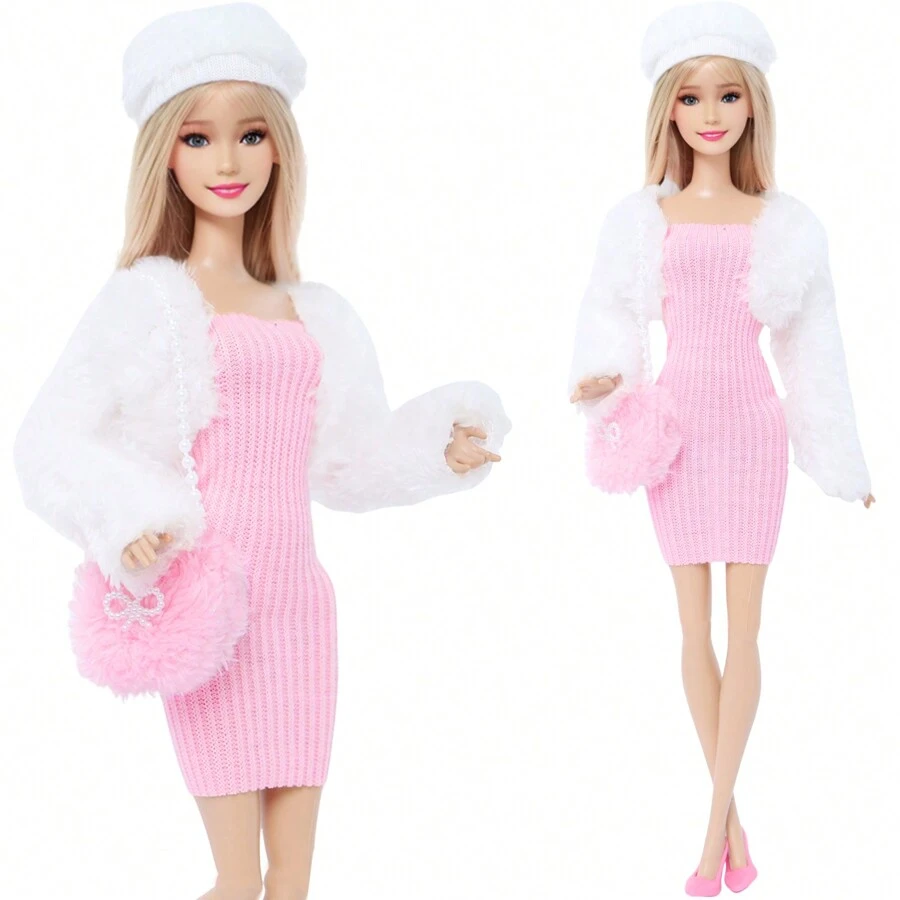 6-delige outfitset met poppenkleding voor poppen van 11,5 inch: schattige pluchen jumpsuit, wit jasje, roze tas, hoge hakken, hoed, modieuze meisjesjurk, geschikt voor poppenaankleedspelletjes, verjaardagscadeau (pop niet inbegrepen)