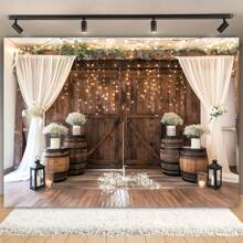 1 件，乡村谷仓门婚礼摄影背景，配白色花朵和木桶装饰，1 件经典风格涤纶面料照片背景，适用于复古乡村周年纪念装饰 - 多色 - 查看 4