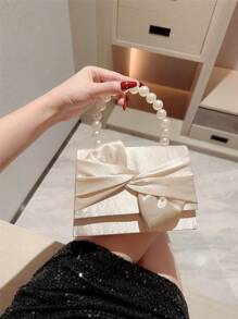 Túi xách satin xếp ly cổ điển dành cho nữ, Túi xách dạ hội quai xách giả ngọc trai, Túi dự tiệc có nắp đậy, Ví cầm tay dự tiệc cưới trang trọng có dây đeo xích - Màu be - Xem 4