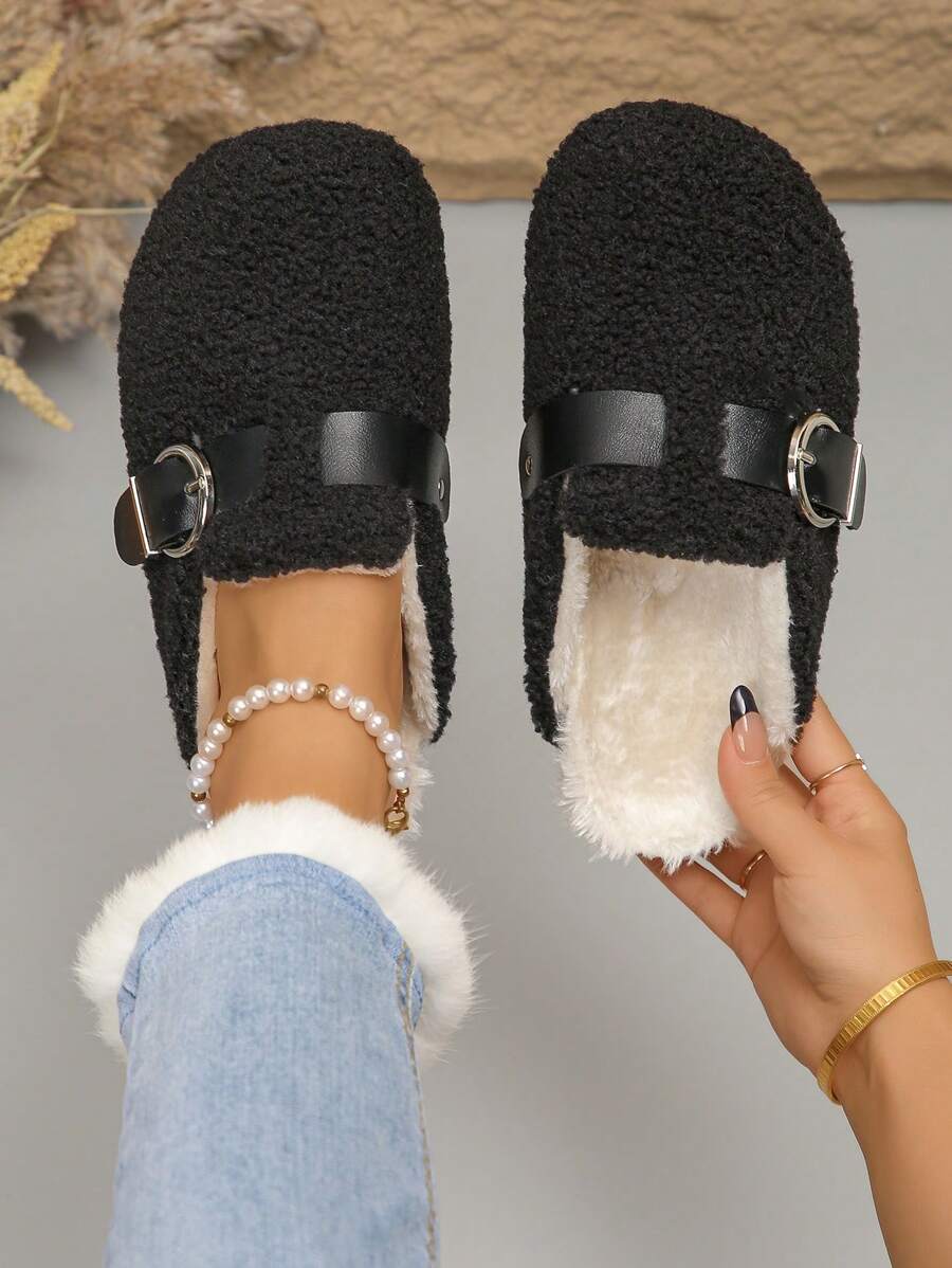 Giày lười đế bằng mềm mại thoải mái trang trí kim loại cho nữ, giày thường ngày lót ấm màu đen cho mùa thu/đông mặc hàng ngày - màu đen - Xem 1