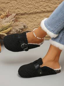Giày lười đế bằng mềm mại thoải mái trang trí kim loại cho nữ, giày thường ngày lót ấm màu đen cho mùa thu/đông mặc hàng ngày - màu đen - Xem 2