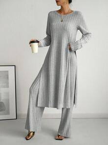 女式罗纹拉绒圆领长袖开衩上衣和裤子休闲两件套，秋冬 - 淺灰色 - 查看 6