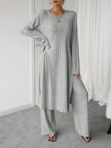女式罗纹拉绒圆领长袖开衩上衣和裤子休闲两件套，秋冬 - 淺灰色 - 查看 1