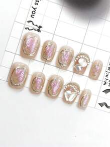 10 件/套 DIY 手工制作简约百搭手绘图案，巴洛克珍珠猫眼设计，配银箔点缀指甲，不对称圆形图案更显高级优雅，包括短方形假指甲、1 件果冻凝胶和 1 件指甲锉，非常适合日常生活和派对装扮按压指甲美甲用品（显示卡随机） - 彩色 - 查看 3